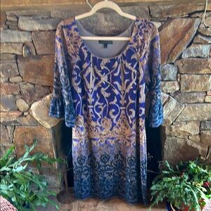 Purple, Blue & Gold Patterned Size 12 Dress; Mid Calf; Scoop Neck; 3/4 Sleeves
